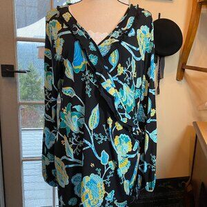 INC Womens Plus Size 2X Side Tie Long Sleeved Tunic Top Black Aqua and Yellow